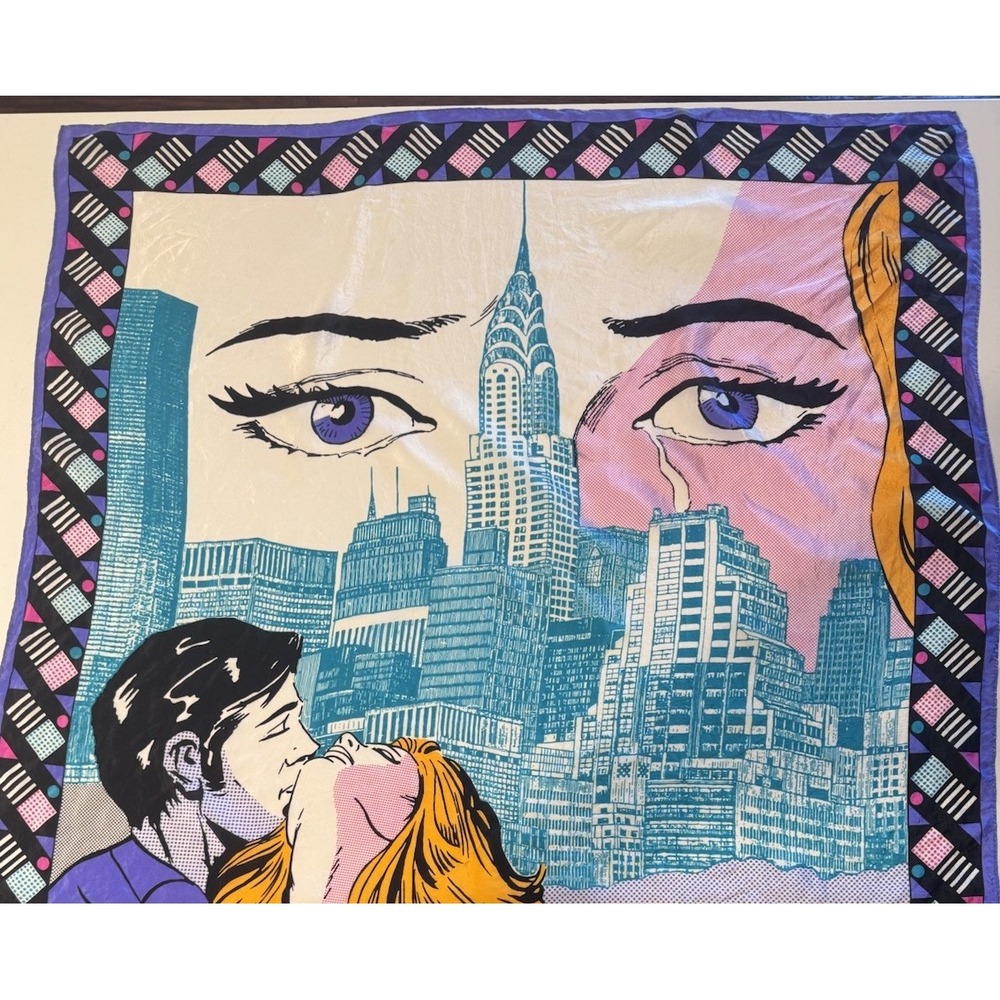 Vintage Speciality House Silk Pop Art Scarf New York Couple Kissing Decor READ